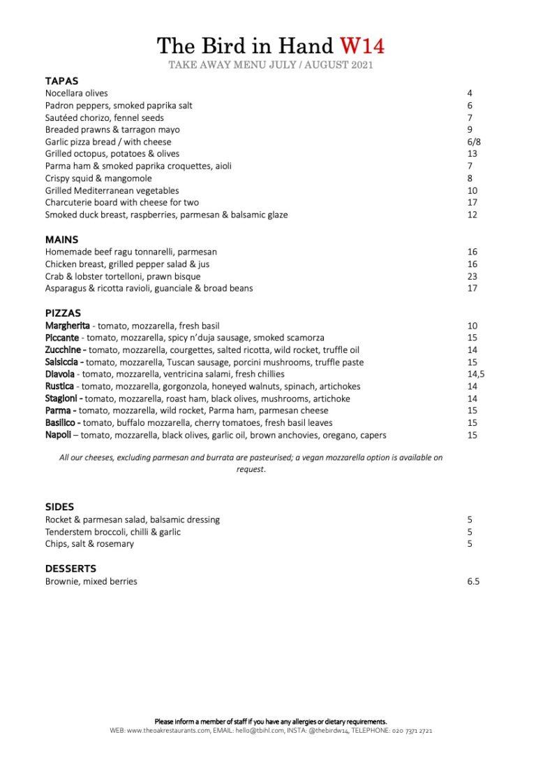 The Bird in Hand W14 | Menus