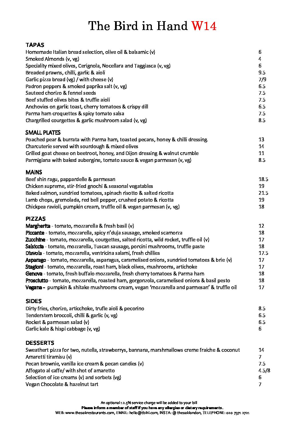 The Bird in Hand W14 Menus