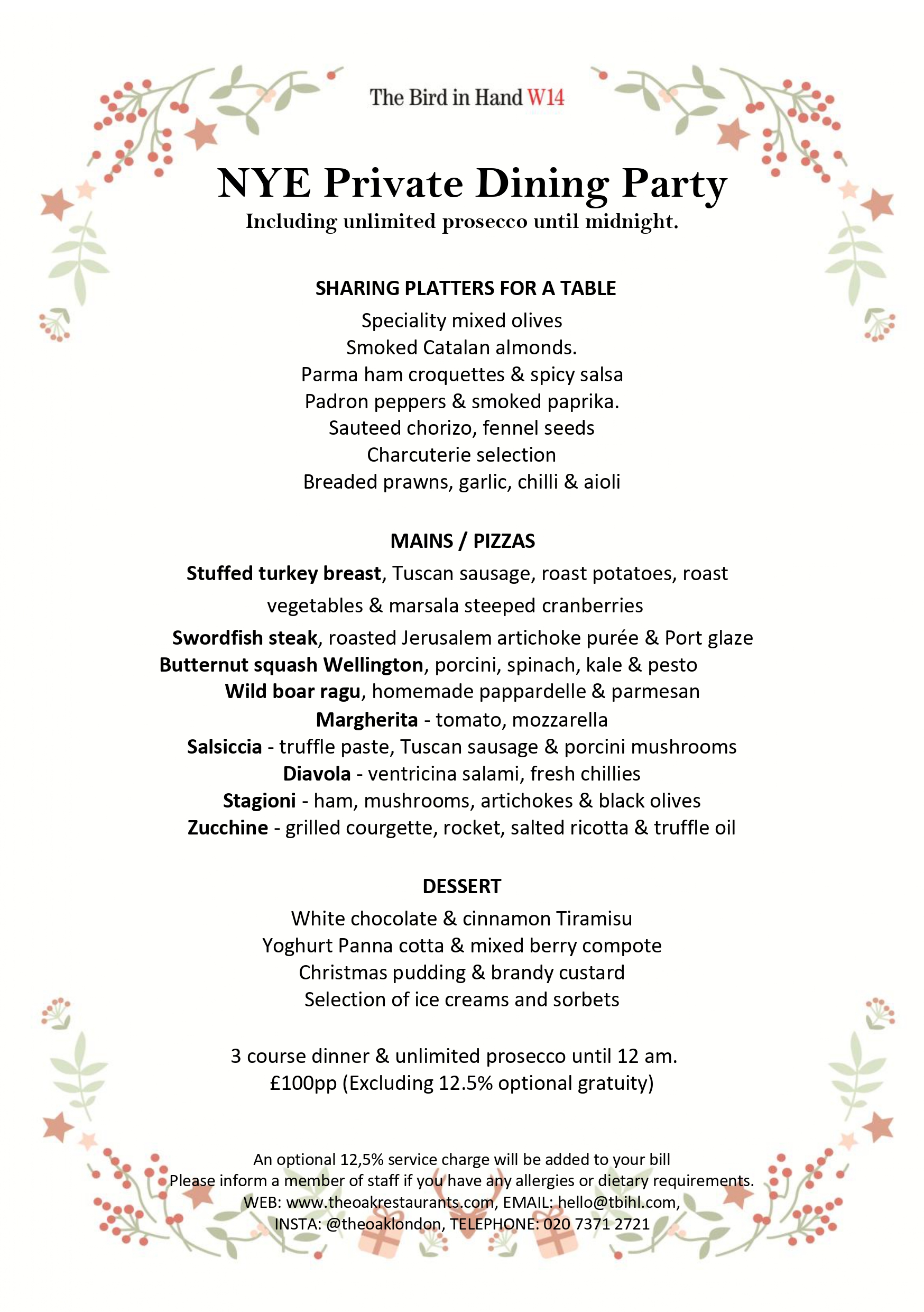 Christmas Menu at The Bird in Hand
