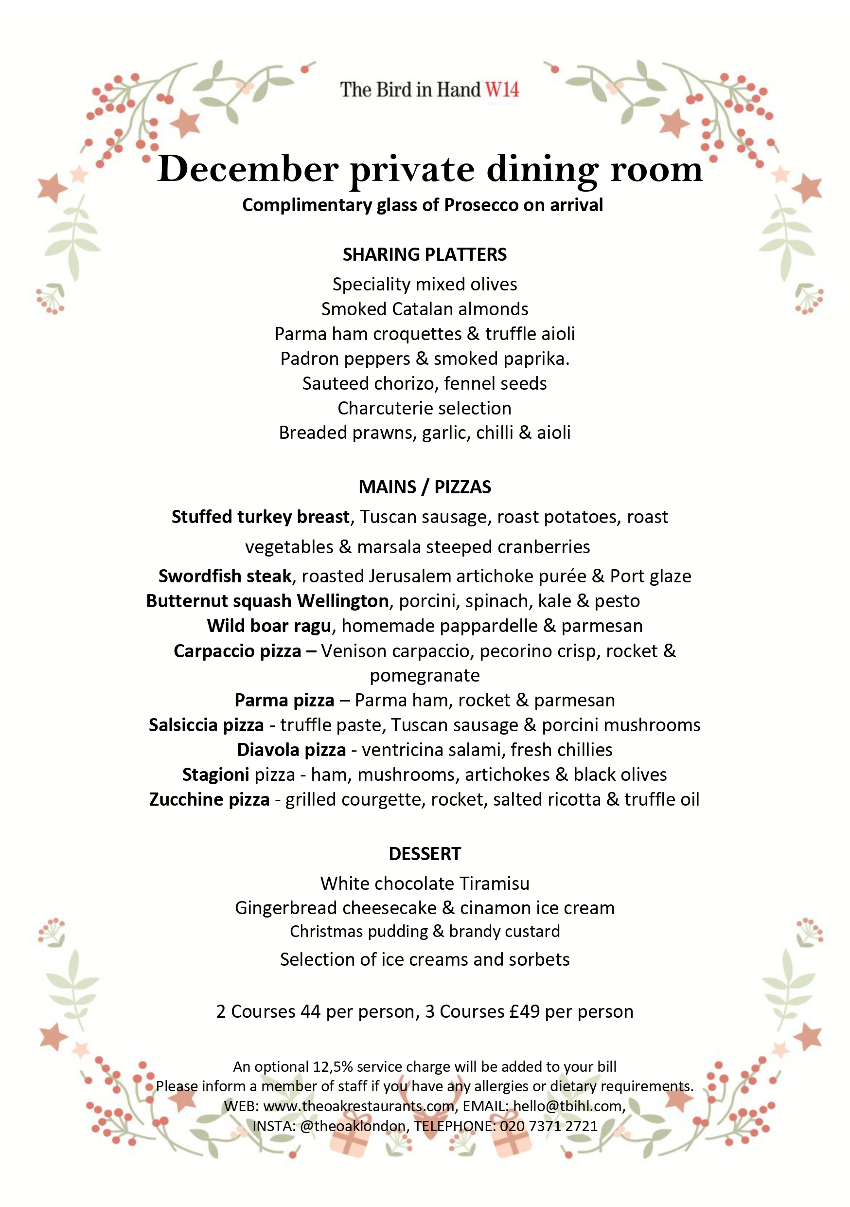 Christmas Menu at The Bird in Hand